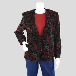 Vintage Black Velvet Blazer, Red Floral Holiday Jacket, Women's Size 12